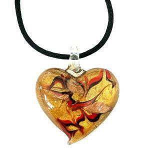 Venetian Murano Glass Gold Foil Inside with Red and Black Puffed Heart Necklace